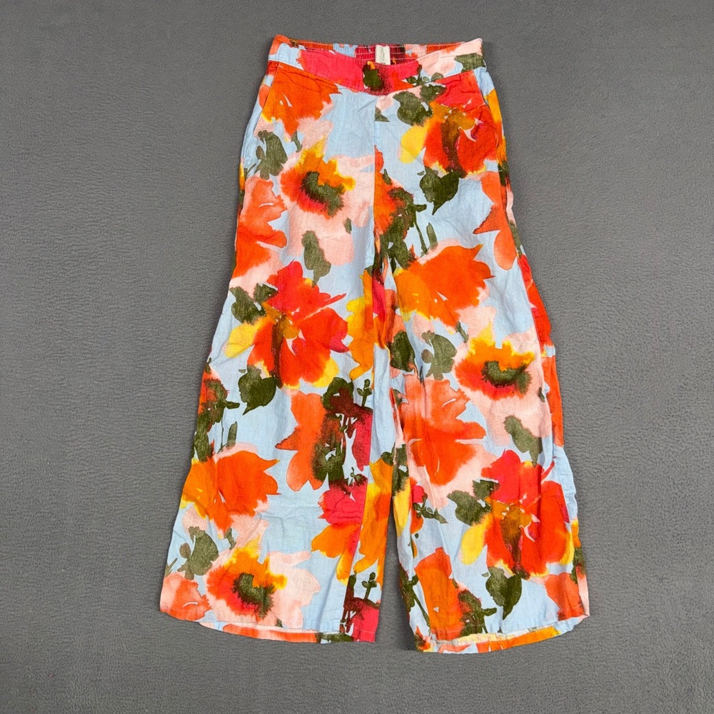 Joie Pants Women XS Blue Orange Floral Linen Wide Leg Cropped Elastic Waist